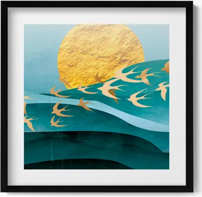 Produktbild von Illustration von goldenen Vögeln am Himmel– Wandbild mit Rahmen – Gerahmtes Bild  – Wanddekoration – 50x50 cm –  Schwarz Rahmen