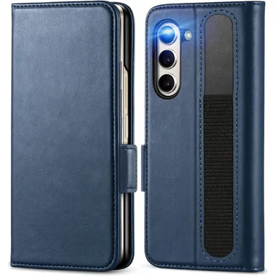 A blue flip case for a smartphone, shown from the front and back.