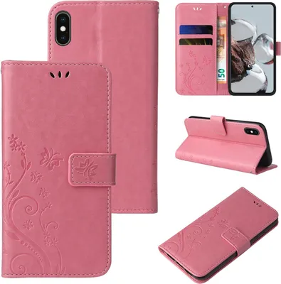 Produktbild von Handyhülle für Apple iPhone XS Floral Blumen Schmetterling Flip Cover Hülle Case Klapphülle Handytasche Farbe: Rosegold