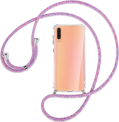 Produktbild von Handykette Backcover-Schutzhülle mit Band (Metall silberfarben) für Samsung Galaxy A50 - lila/rosa/blau