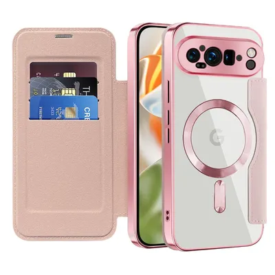 Produktbild von Klapphülle für Google Pixel 9 Pro XL Kompatibel mit Magsafe, Klar Überzug Kartenhalter Ledertasche mit Kameraschutz Pink