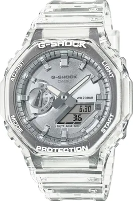 A close-up studio shot of a transparent G-Shock watch with a silver dial.