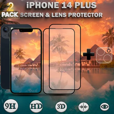 Produktbild von 2-PACK iPhone 14 Plus Displayschutzfolie und Objektivschutz aus 9H gehärtetem Glas