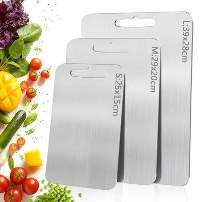 Produktbild von 3-teiliges Schneidebrett-Set aus Edelstahl und Titan, doppelseitig und hygienisch, lebensmittelecht, antibakteriell, rutschfest, leicht zu reinigen, für Fleisch, Gemüse und Obst