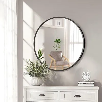Produktbild von Famanu runder Spiegel 50 cm, dekorativer Wandspiegel mit Metallrahmen, modernes Design für Bad, Ankleidezimmer, Wohnzimmer, Flur (schwarz)