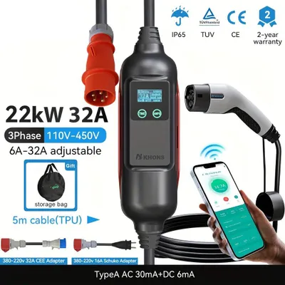 Zdjęcie produktu dla Ładowarka do samochodów elektrycznych - ładowarka EV - mobilna ładowarka - ładowarka typu 2 - przenośny kabel do ładowania - moc 22 kW