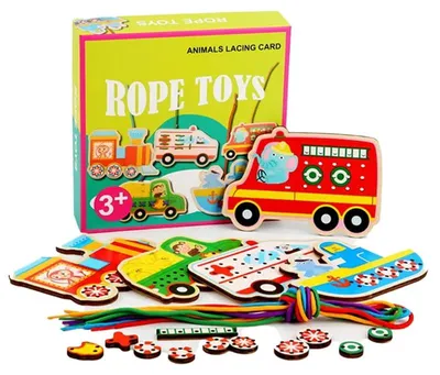 Produktbild von Montessori Fädelspiel Holz Fahrzeuge - Motorikspielzeug Binden Lernen ab 3 Jahren