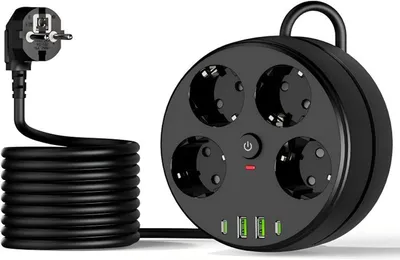 Produktbild von Steckdosenleiste mit USB – Runde Steckdosenleiste mit 4 Steckplätzen und Schalter