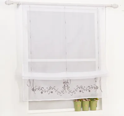 Produktbild von Joyswahl Raffrollo Küche Gardinen mit Rankenstickerei Fensterrollo Voile Modern Raffgardinen mit Tunnelzug Transparent Grau BxH 100x140cm