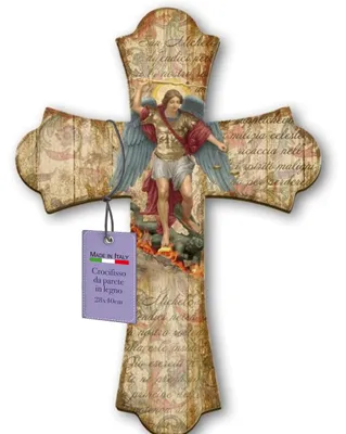 Wandkreuz aus Holz, Erzengel Michael, 28x40 cm, Vintage