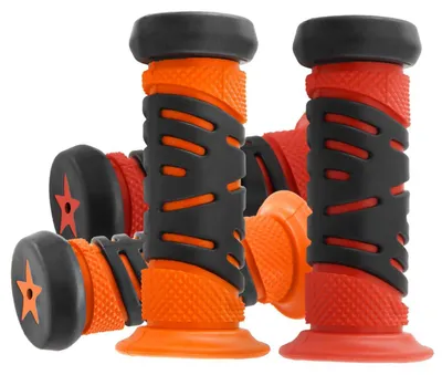 Zdjęcie produktu dla Rękojeści do roweru dziecięcego, 22 mm, 95 mm, czerwone i pomarańczowe, 2 sztuki, z osłonami