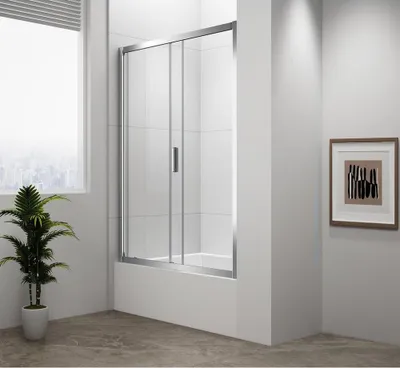 A modern bathroom with a shower enclosure and a plant.