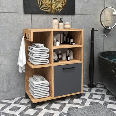 Image de Placards - Armoire Multi-usage 1 Porte, 60x81h cm Brun Chêne, 5 Étagères