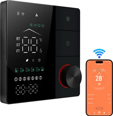 A smart thermostat and a smartphone displaying its app interface.