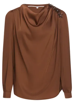 Produktbild von Elegante braune Satin-Bluse Größe S mit Wasserfallausschnitt und floralen Verzierungen