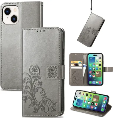 Produktbild von Mobigear Clover iPhone 15 Plus Hülle Klapphülle Geldbörse - Grau