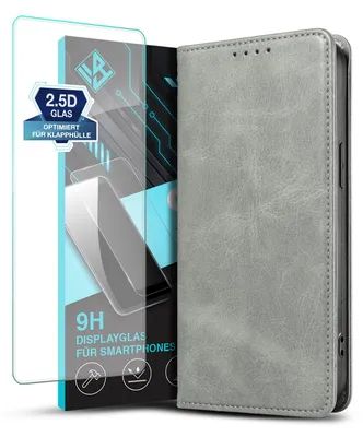 Produktbild von Handyhülle für Apple iPhone 11 mit 9H Displayglas Kunstleder Flip Cover Hülle Klapphülle Case Kartenfach Farbe: Grau
