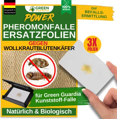 Produktbild von Green Guardia Ersatzklebeflächen mit Pheromon-Lockstoff-3x Fallen- Nachfüll-Set für Kunststoff-Fallen, Wollkrautblütenkäfer Falle, Natürlich & Wirksam