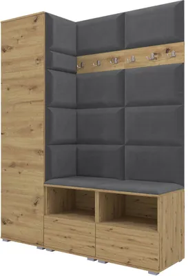 Produktbild von Garderoben-Set Nela II, Polstergarderobe mit zwei Schuhschränke, Flurmöbel mit Hochschrank (Farbe: Artisan Eiche + Trinity 15 (Dunkelgrau))