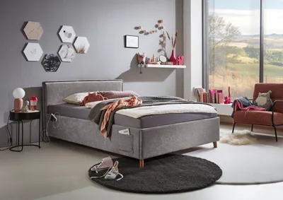 Produktbild von Meise Möbel Kinderbett FUN 140x200 cm | Bettkasten & Lattenrost | Webstoff Grau | Holzfuß eichefarbig