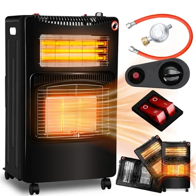 Zdjęcie produktu dla Ogrzewacz gazowy, grzejnik gazowy, piec gazowy, promiennik ciepła gazowy, 4,2 kW, kominek gazowy, w zestawie regulator, wąż i adapter DE do EU, 3 i 4, promiennik ciepła gazowy, do butanu lub propanu, butle do 15 kg, kolor czarny