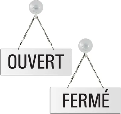 Produktbild von Hängeschild | Wendeschild Ouvert Fermé | Melamin weiß | Saugnapfhaken | Format 175x65 mm