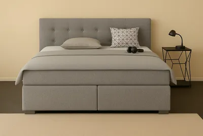 Produktbild von Boxspringbett TOM 200 x 200 cm mit Matratze und gepolstertem Kopfteil. Farbe: Dunkelgrau