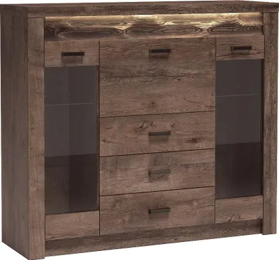 Produktbild von Vitrine IV INDIA in Esche dunkel – Vitrine mit 2 Glastüren, 3 Schubladen und Klappe für Wohnzimmer, Esszimmer und Flur