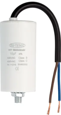 A white cylindrical capacitor with black wire and two exposed wires.