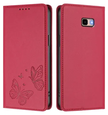 Image de Étui en cuir pour Samsung Galaxy J4 Plus, motif papillon, étui à rabat avec porte-appareil, rouge