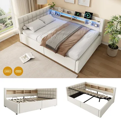 Immagine prodotto di Letto a giorno 140x200 cm con spazio contenitore a sollevamento idraulico, illuminazione LED regolabile, ripiani e porta USB, realizzato in lino e MDF, colore beige