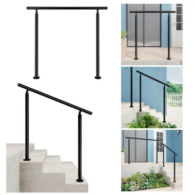 Collage of images showing black handrails for stairs in various settings, including a white background, a porch, and outdoor stairs.