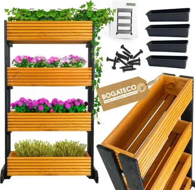 Image de Set de 4 pots de fleurs sur un support | Set de 4 pots de fleurs 64x20cm | Pot de fleurs en bois pour tomates et fleurs, pot de plantes pour jardin balcon | 120cm de haut LIGHT BROWN