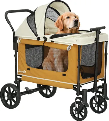 Zdjęcie produktu dla PawHut 2 w 1 wózek dla psa, składany, dla psów i kotów do 30 kg, wózek ręczny z siatką amortyzującą, oknami z siatki, 2 drzwiami, torba do przechowywania, wózek dla kota, brązowy