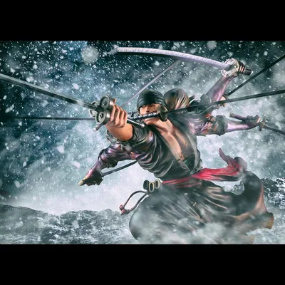 A dynamic action shot of a character wielding multiple swords in a snowy, stormy environment.