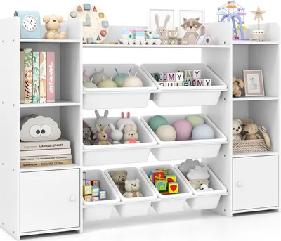 Produktbild von COSTWAY 4-stöckiges Kinderregal aus Holz, Spielzeugschrank mit 8 Boxen, 2 Schänken&Regalen, Bücherregal Kinder, Spielzeug-Organizer Spielzimmer Weiß
