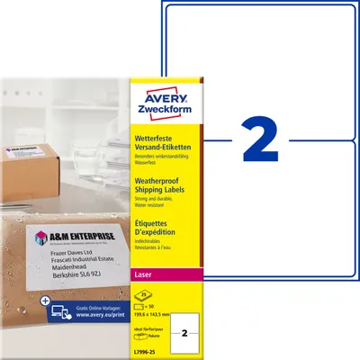 Produktbild von Avery Zweckform L7996-25, Versand-Etiketten, A4, 199,6 x 143,5 mm, 50 Etiketten / 25 Bögen, weiß