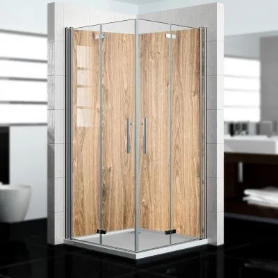 Produktbild von dedeco Eck-Duschrückwände Aluminium wasserfest Motiv: Holz V1, Nano-Protect seidenmatt, 2 x 100x210x0,3cm, Fliesenersatz fugenlos Wandverkleidung Wandpaneele,  Germany