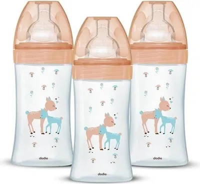 Obrázek produktu pro Sada kojeneckých lahví DODIE Anti-Colique Sensation+, skleněná láhev 270 ml, 0–6 měsíců, plochá savička, průtok 2, balení po 3 kusech