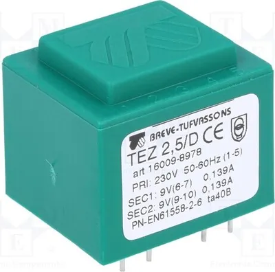 Productafbeelding van 1x Transformator: Overbelast 230VAC 9V 9V 138,8mA 2,5VA 138,8mA TEZ2.5/D230/9-9V -
