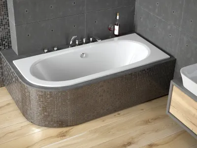 Zdjęcie produktu dla Wanna Akrylowa Zestaw 3w1 Asymetryczna 160x75 Prawa Biała, Nowoczesny Chrom Premium Syfon i Nogi (stelaż) w komplecie | BADLAND AVITA SLIM