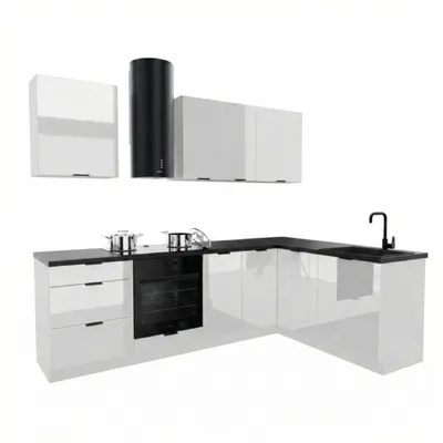 Obrázek produktu pro Rohová kuchyňská linka - tvar L - 260x170 cm - Bílý lesk - MDF - s černou pracovní deskou - tiché dovírání Soft-Close - DENIS