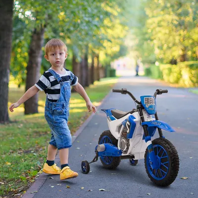Productafbeelding van Sweiko kinder motorfiets, elektrische motorfiets, 45 minuten rijduur, met stabilisatorwielen, geschikt vanaf 3 jaar, blauw en wit, 106,5 x 51,5 x 68 cm