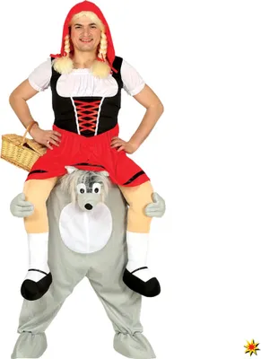 A person wearing a costume of Little Red Riding Hood riding on the shoulders of a wolf costume.