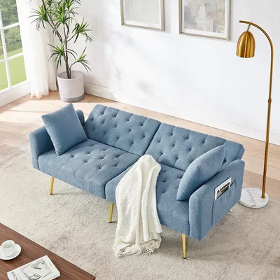 Produktbild von okwish Zweisitzer,Schlafsofa mit 2 beigelegte Kissen,Chaiselongue 3-stufige verstellbare Rückenlehne,Relaxsofa,stabile Metallbeine,für kleine Wohnungen,Blau