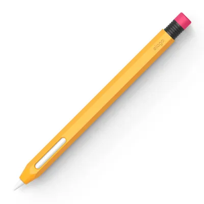 A yellow Apple Pencil 2nd generation case designed to look like a classic pencil, with a pink eraser and black ferrule.