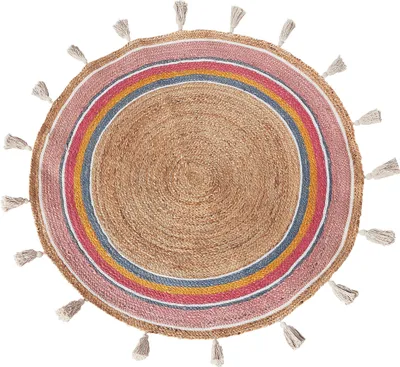 Produktbild von BELIANI Teppich Beige / Bunt Jute Rund ⌀ 120 cm Kurzflor mit Kreisen Quasten Streifenmuster Handgewebt Boho für Fußbodenheizung Wohnzimmer Esszimmer