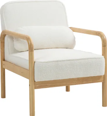 A white bouclé armchair with wooden armrests and legs, shown against a white background.