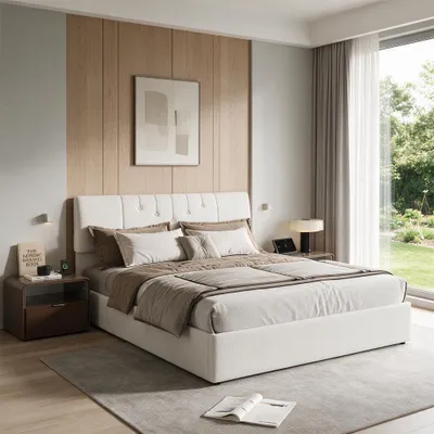 Immagine prodotto di INONEFT Letto imbottito idraulico 140x190 cm con prese USB, letto per giovani con poggiatesta regolabile, struttura del letto con rete a doghe, tessuto tipo "teddy", colore bianco