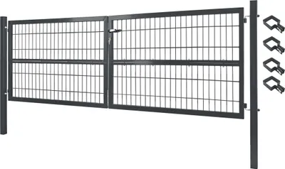 Obrázok produktu pre Záhradná brána Brána záhradný plot plot 300x100 cm dvojkrídlová kovová záhradná brána pre plot z pletiva Uzamykateľná vrátane stĺpika Sivá V2Aox